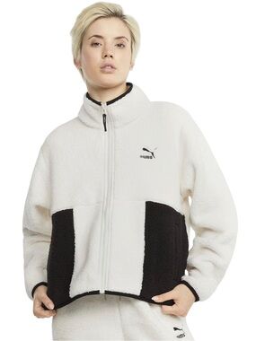 PUMA CLSX Sherpa Track Jacket Cream Black Women’s Medium EUC